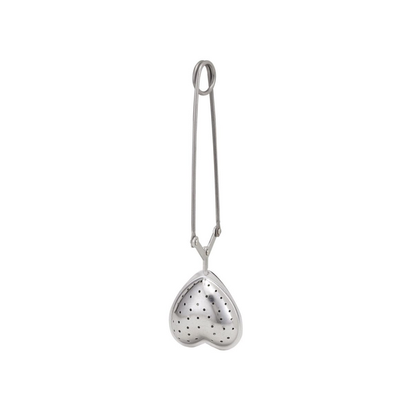 Heart-shaped metal tea infuser on a white background