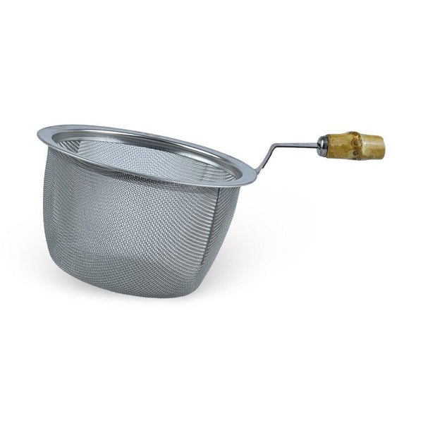 A stainless steel mesh strainer with a curved handle and a light brown wooden grip, shown on a plain white background.