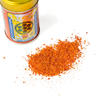 Spice container with orange powder on a white background