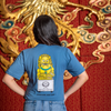 The back of the Jing Fong T-Shirt - Steel Blue. There is a large, yellow Fu Dog serving dim sum.