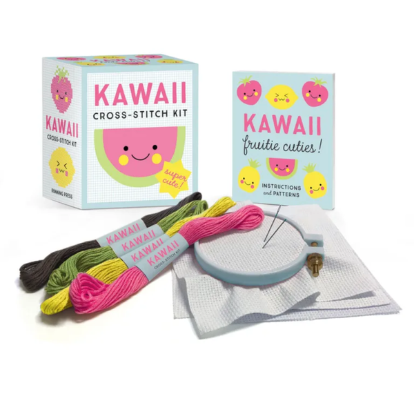 Kawaii cross-stitch kit with colorful threads, hoop, and instructions on a white background