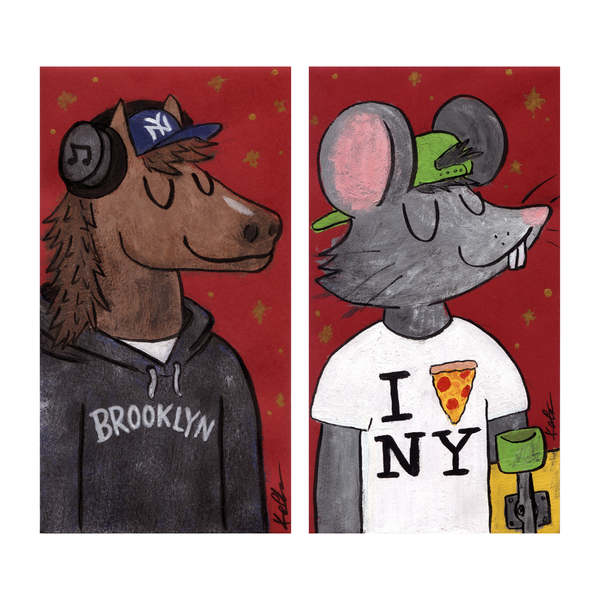 Two cartoon characters, one with a horse head wearing a 'Brooklyn' hoodie and the other with a mouse head wearing an 'I pizza NY' t-shirt, on a red background.
