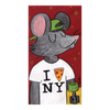 Cartoon mouse wearing a cap and 'I NY' t-shirt with a slice of pizza on a red background