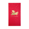 Red card with gold dog illustration and text on a white background