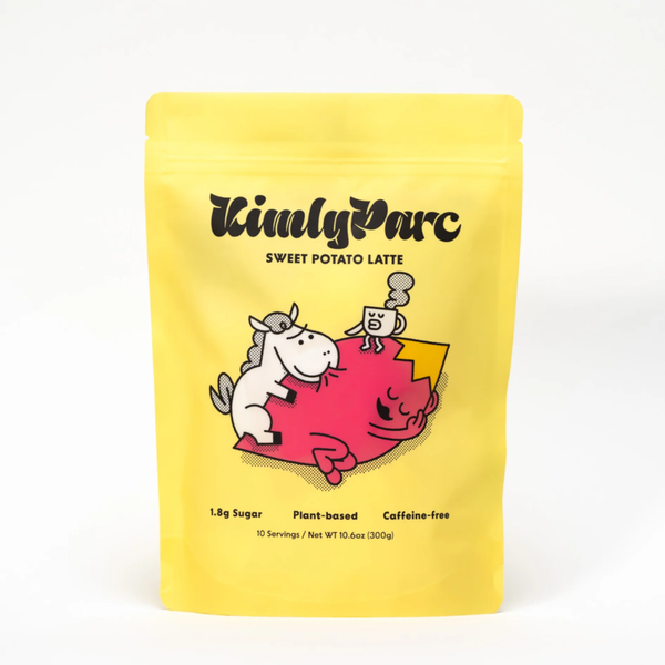 Yellow package of Kimly Parc Sweet Potato Latte with cartoon characters on a white background