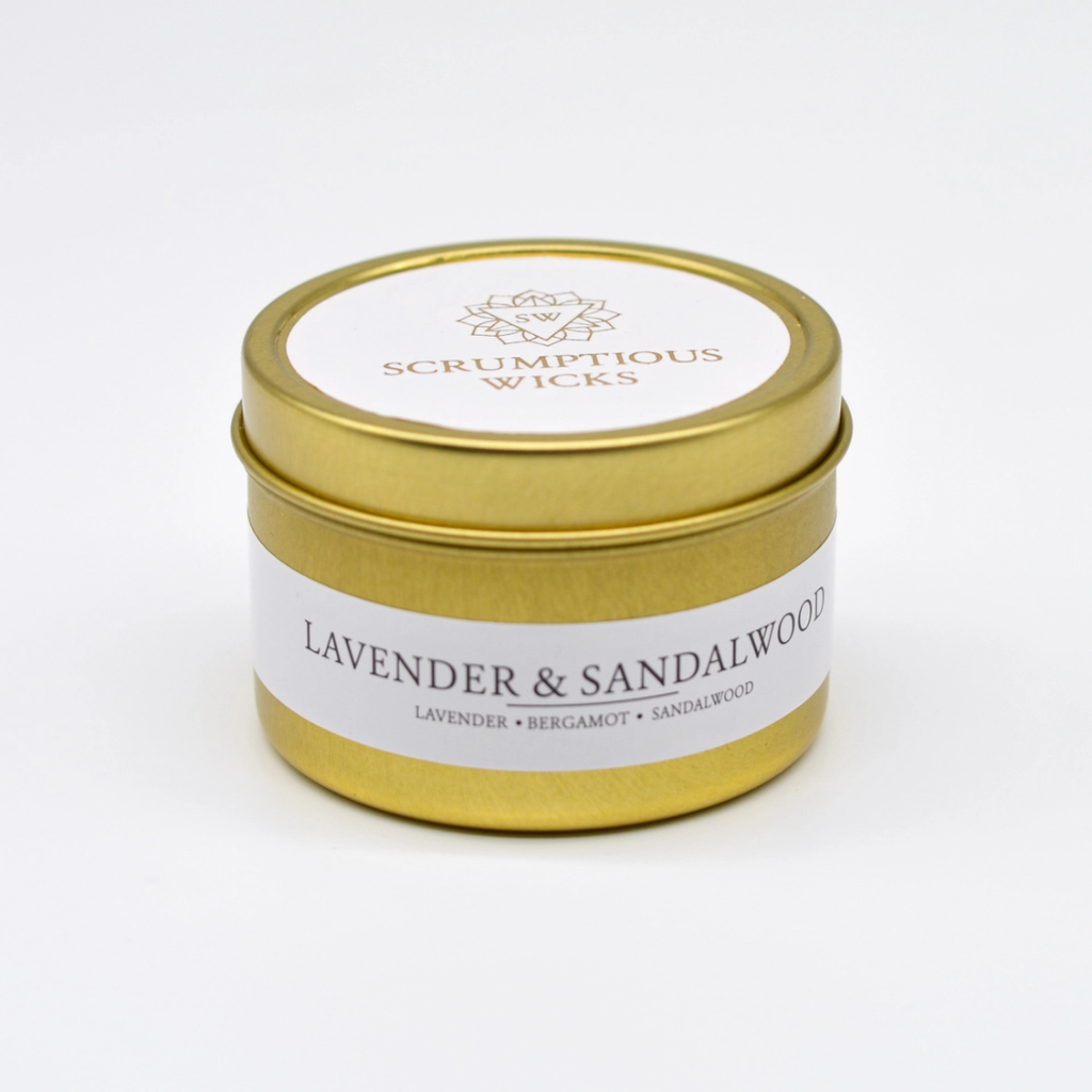 Scrumptious Wicks Gold Tin Candle - Lavender & Sandalwood