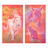 Two colorful illustrations of a fairy on a horse, a horse, and a cat on an orange background.