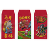 Three red envelopes with cartoon illustrations and text on a white background