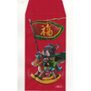 Red envelope with a cartoon dog on a horse holding a flag with Chinese characters on a white background