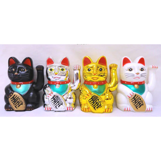 four lucky cats, each in a different color (black, silver, gold, and white)