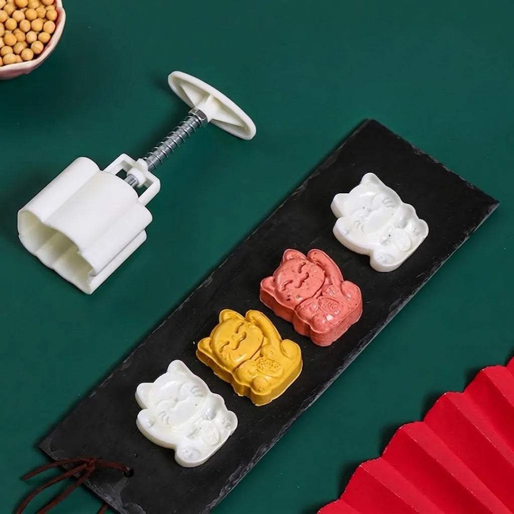 Hand Pressed Mooncake Mold - 50g Lucky Cat Set (1 Mold 2 Stamps)