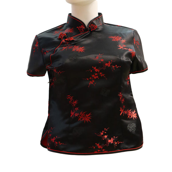 Short Sleeve Qipao Top with Red Blossoms - Black