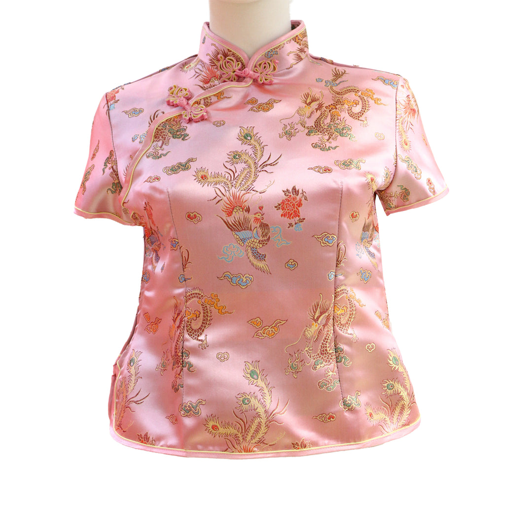 Short Sleeve Qipao Top with Floral Pattern - Pink