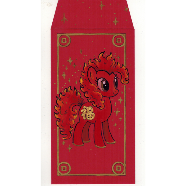 Red envelope with a cartoon horse design on a white background