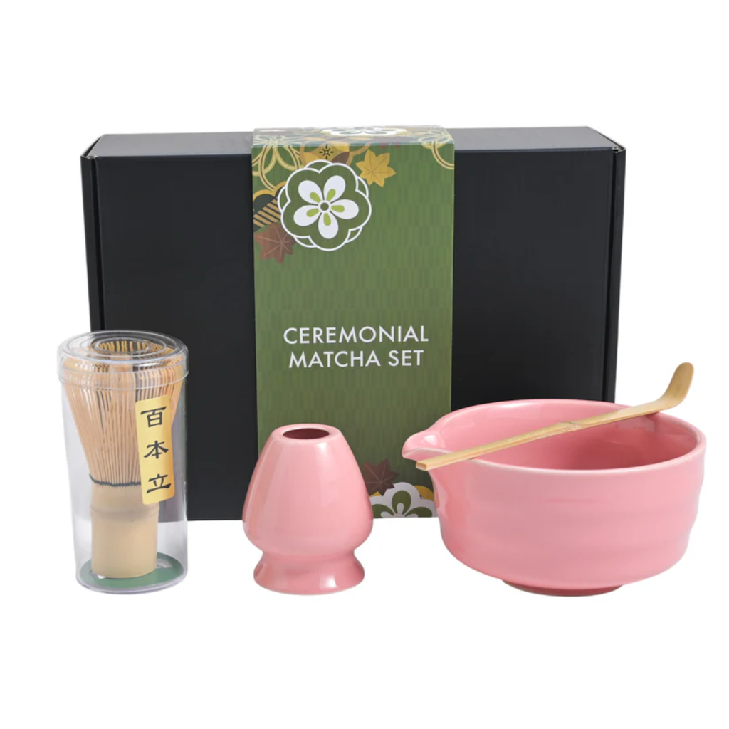 Ceremonial Matcha 4-Piece Tea Set with Bowl, Whisk, Stand, and Scoop - Pink