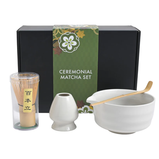 Ceremonial matcha set with bowl, whisk, and container in front of a green box labeled 'Ceremonial Matcha Set'.