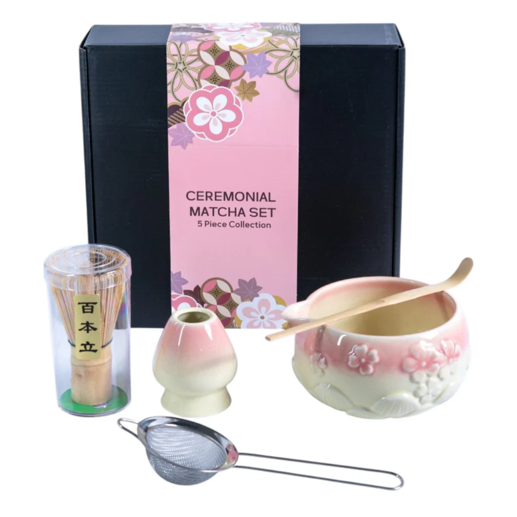 Ceremonial Matcha 5-Piece Tea Set with Bowl, Whisk, Stand, Strainer and Scoop - Pink