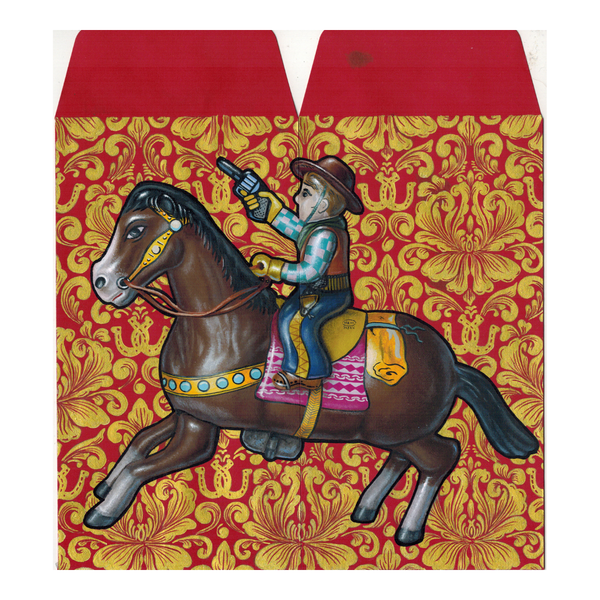 Decorative envelope with a horse and rider illustration on a red and gold patterned background