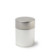 Silver cylindrical container with a silver lid on a white background