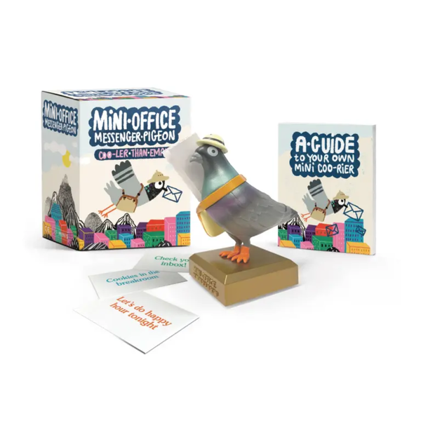 Miniature pigeon figure with packaging and guide on a white background