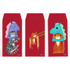 Three red envelopes with cartoon cat and horse designs on a white background