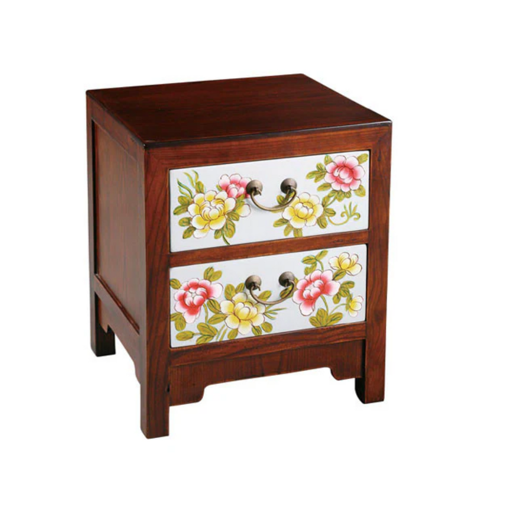 Wooden 2-Drawer Nightstand with Floral Design