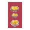 Three cartoon egg tarts with smiling faces on a red background