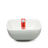 White ceramic bowl with a red label on a white background