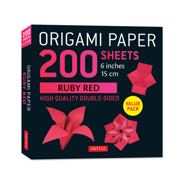 Box of origami paper with 200 sheets, ruby red color, and Tuttle branding.