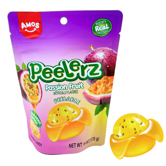 Purple package of Amos Peel'Erz Passion Fruit candy with a yellow candy piece on a white background