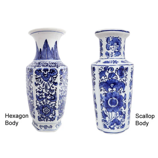 Peony Design Blue on White Ceramic Vases