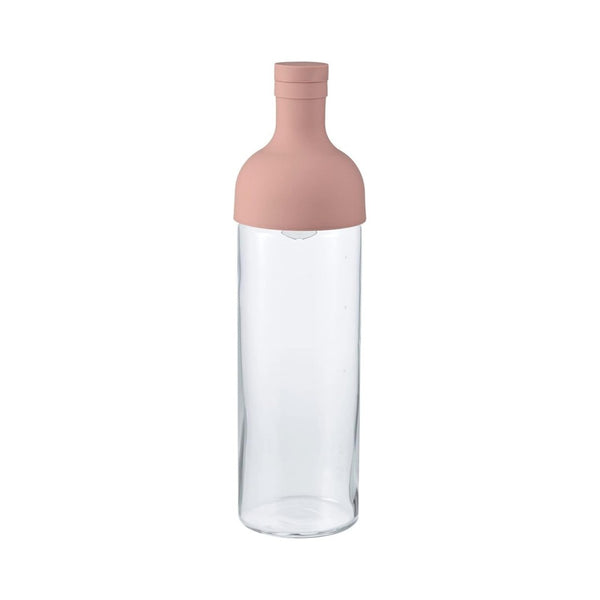 Clear glass bottle with a pink lid on a white background