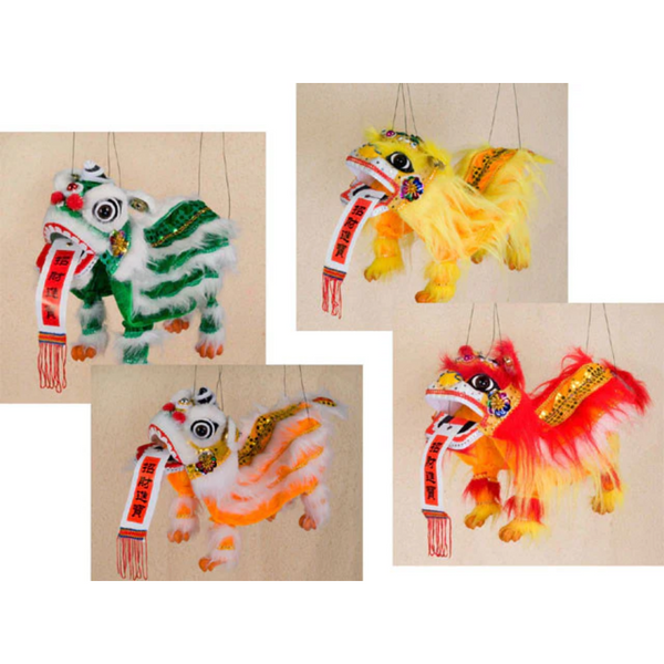 Four Puppet Lions. Each in a different color: Green, Yellow, Orange, Red