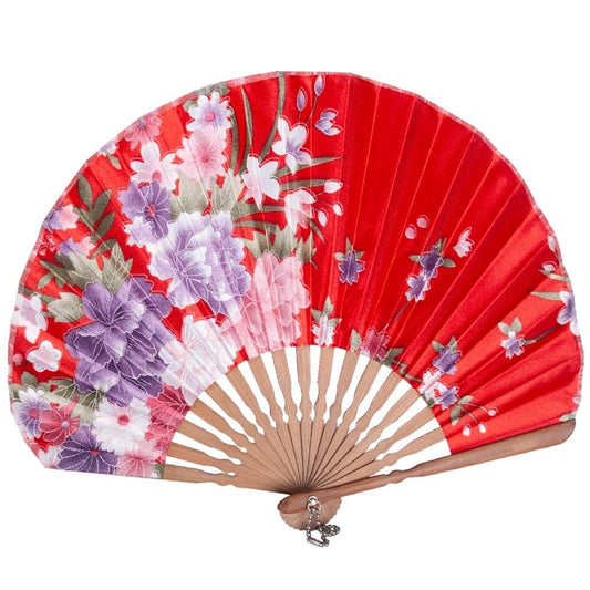 Red Floral Print Bamboo Hand Fan - 8.5 inch