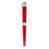 Red chopsticks with a brand label on a white background