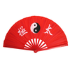 Red fan with white text and a black and white symbol on a white background