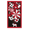 Decorative envelope with red, white, and black geometric pattern on a black background