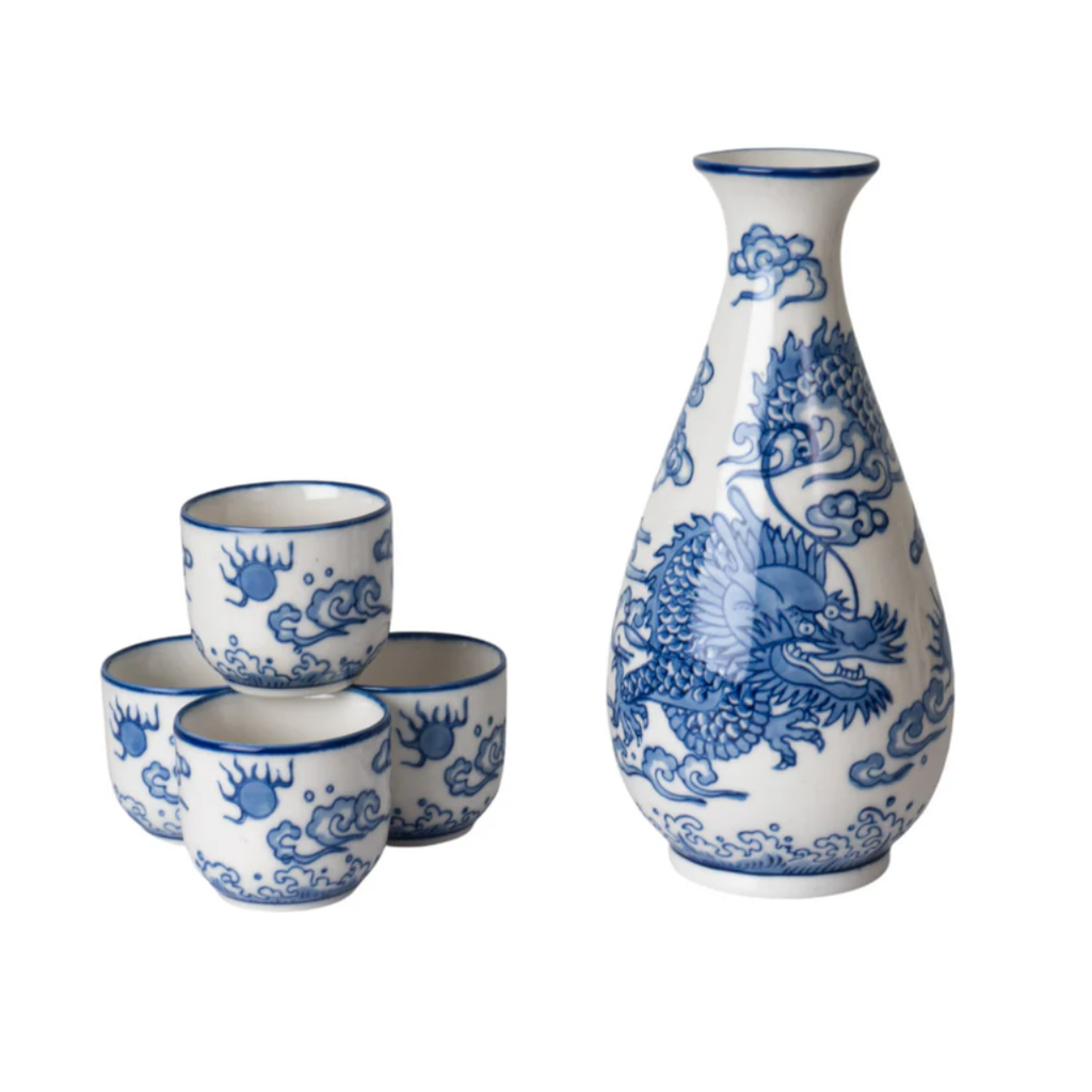 Ryu Dragon Porcelain Glazed Sake Bottle and 4-Cup Gift Set