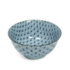 Ceramic bowl with blue geometric pattern on a white background