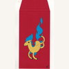 Red envelope with a blue and yellow horse design on a white background