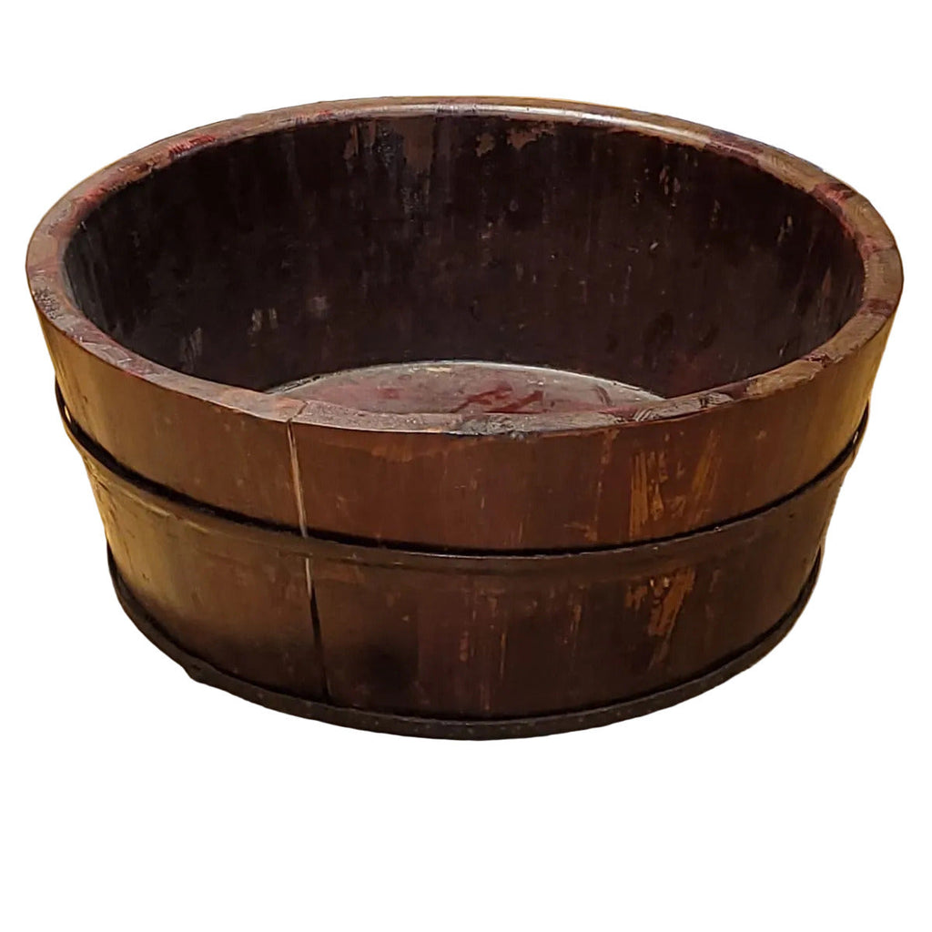 Wide Wooden Bucket with Iron Straps - Dark Brown
