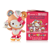 Hello Kitty toy in fast food uniform with a pink box featuring Tokidoki and Hello Kitty designs.
