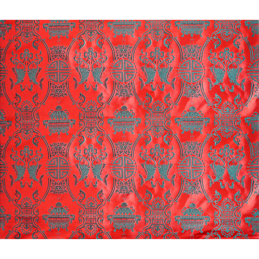 Double Fish Brocade Fabric - Emerald on Red