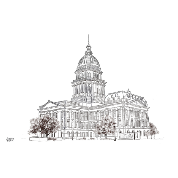 Black and white line drawing of a large building with a dome
