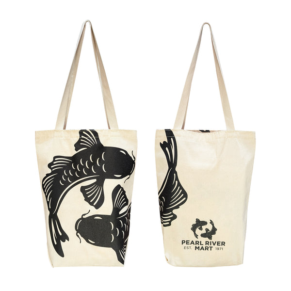 Both sides of canvas tote bag with wrap around black double fish design