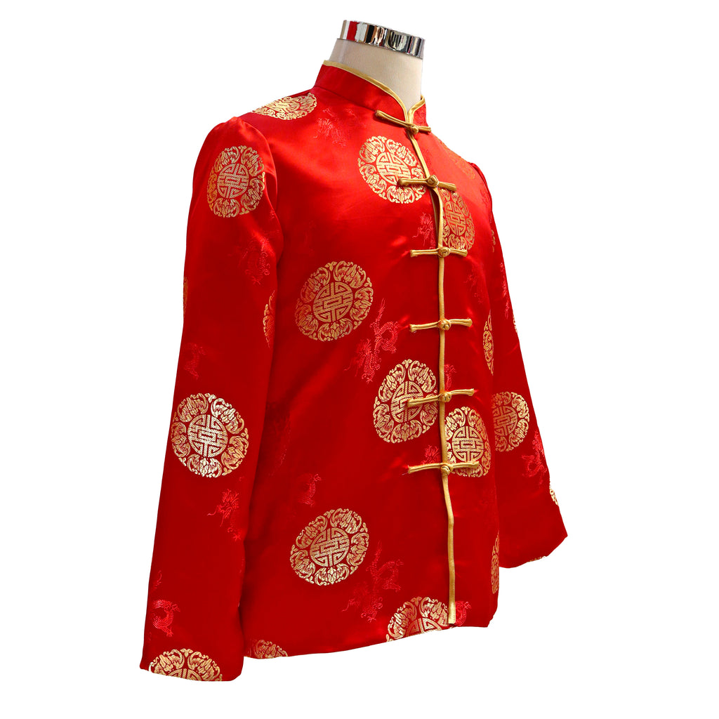 Tang Jacket with Longevity Pattern - Gold on Red