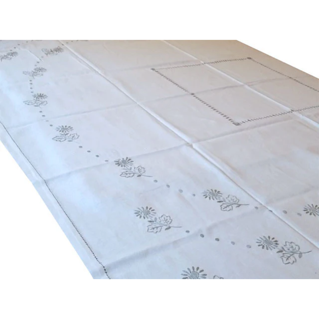 Embroidered Linen Tablecloth - Taupe Flowers on Light Brown