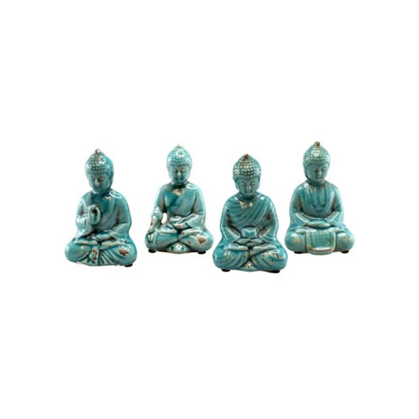 Teal Blue Ceramic Resting Buddha Set of 4