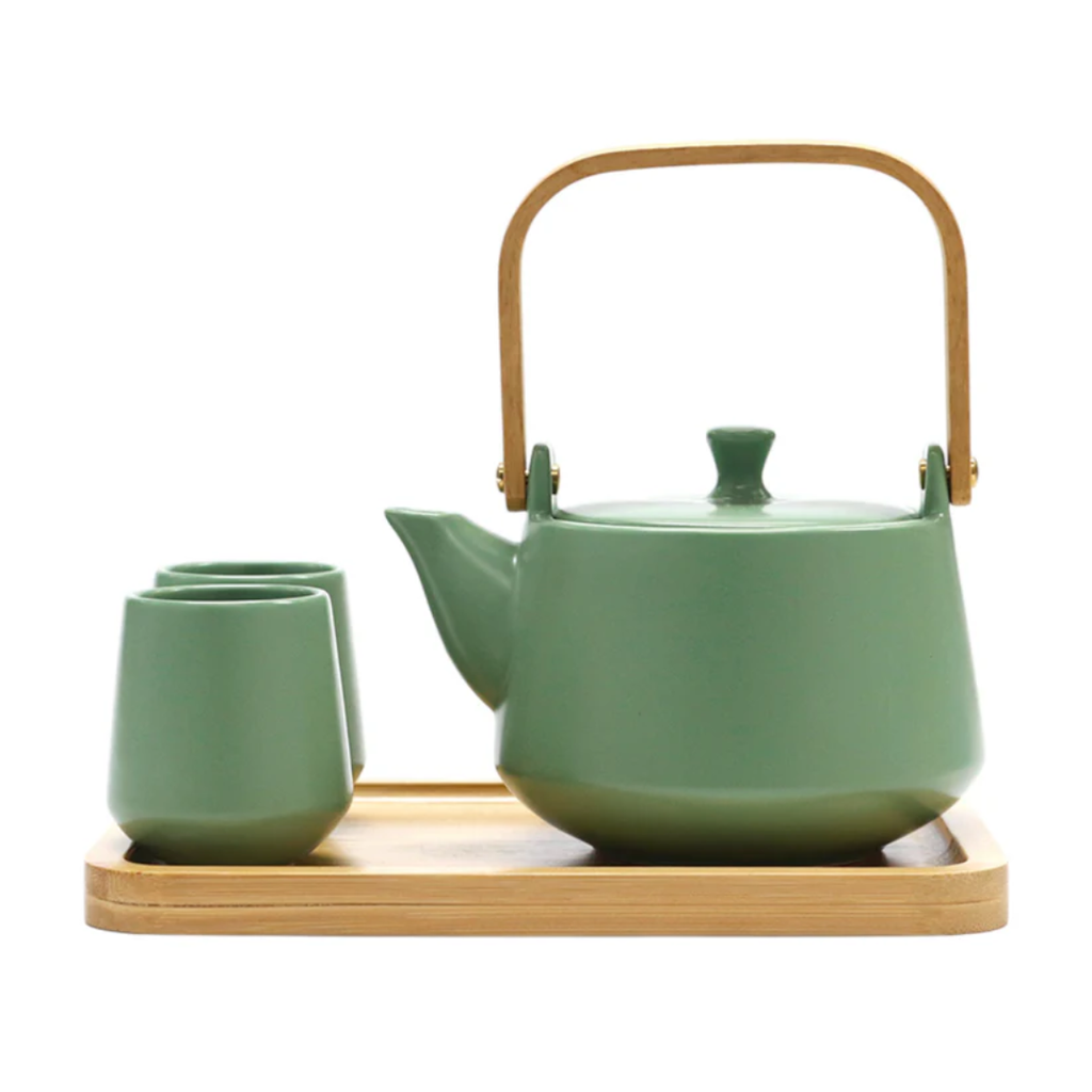 Matte Glazed Tea Set with Tea Pot, 2 Cups, and Wooden Tray - Green