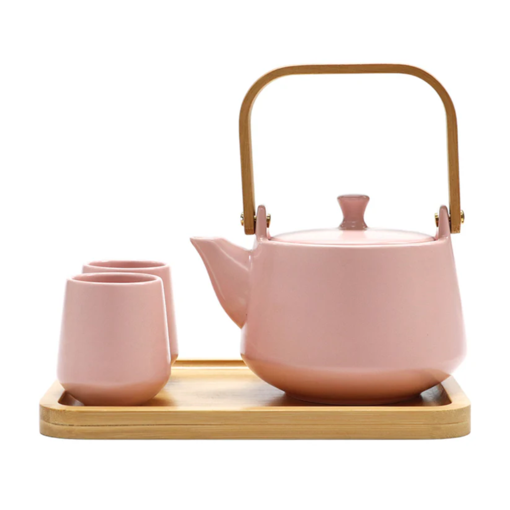 Matte Glazed Tea Set with Tea Pot, 2 Cups, and Wooden Tray - Pink